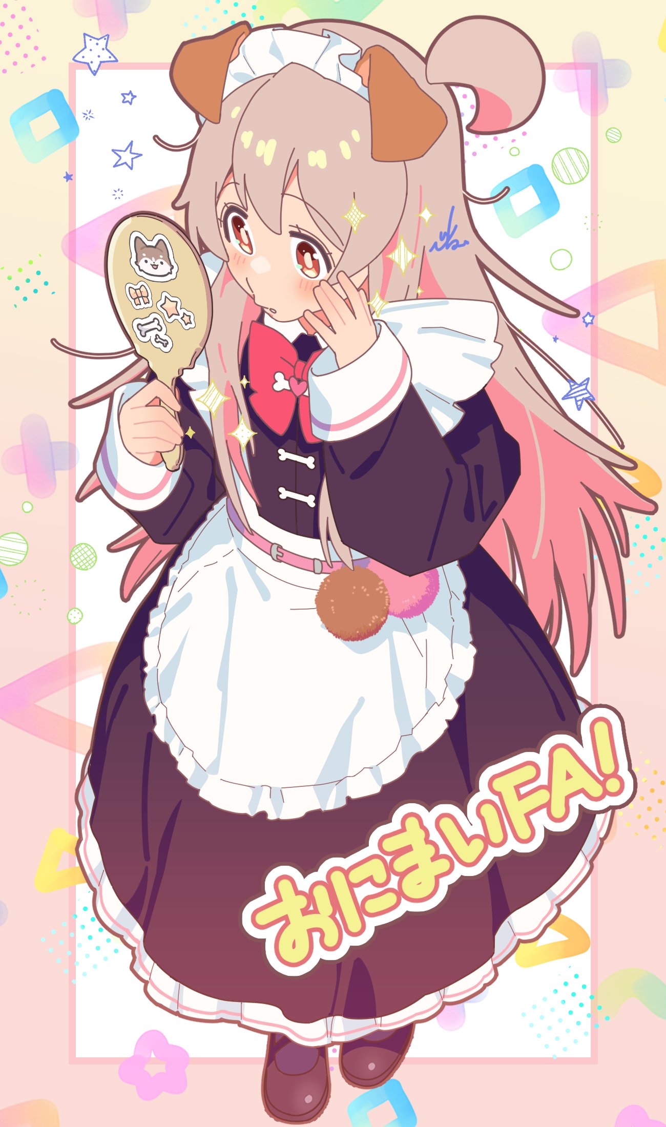 1girl ahoge animal_ears apron blush border bow bright_pupils brown_eyes dress fake_animal_ears from_above full_body grey_hair hair_over_shoulder hand_mirror hand_on_own_cheek hand_on_own_face highres long_dress long_hair long_sleeves looking_at_mirror maid maid_apron maid_day maid_headdress mirror onii-chan_wa_oshimai! oyama_mahiro parted_lips red_bow shin'yuu_(nankou_furaku) simple_background solo sparkle standing very_long_hair white_apron white_pupils
