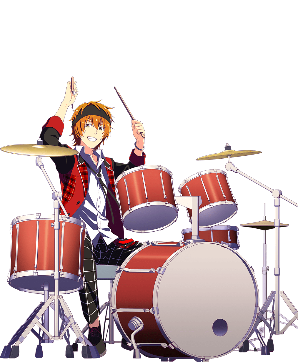 1boy black_footwear black_headband bracelet buttons collared_shirt drum drum_set drumsticks hair_between_eyes headband highres holding holding_drumsticks idolmaster idolmaster_side-m idolmaster_side-m_growing_stars instrument jewelry looking_at_viewer male_focus official_art orange_hair pants shirt shoelaces shoes sitting solo teeth transparent_background wakazato_haruna white_shirt