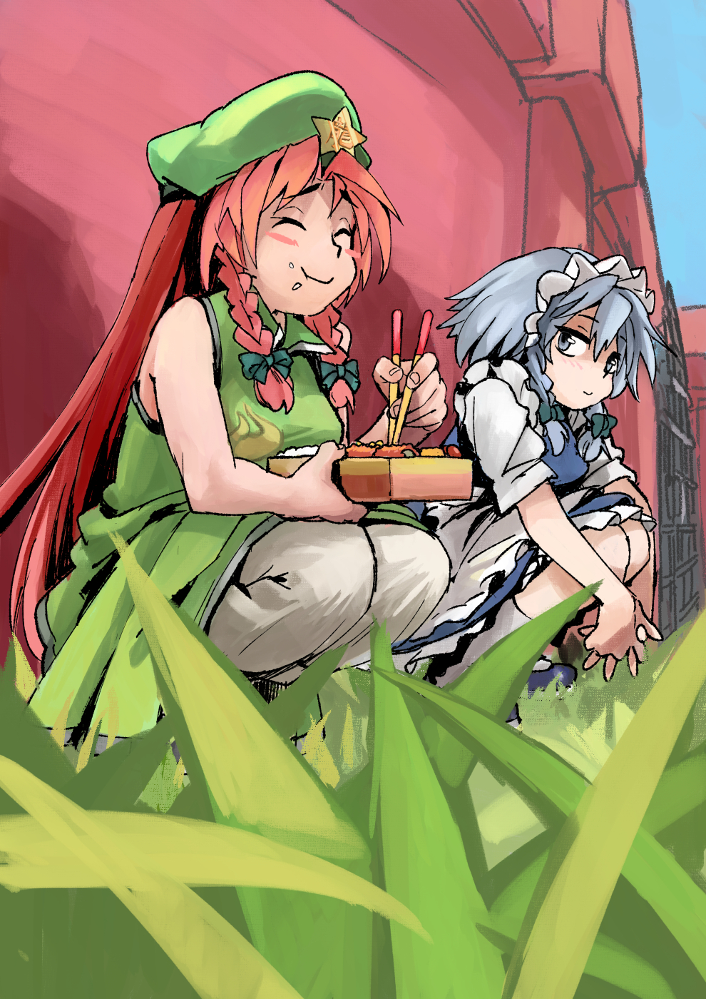 2girls apron beret blue_footwear blush bow braid china_dress chinese_clothes chopsticks closed_eyes closed_mouth dress embodiment_of_scarlet_devil food frilled_dress frills full_body grass green_bow grey_eyes grey_hair hat hat_ornament highres holding holding_chopsticks hong_meiling izayoi_sakuya long_hair looking_at_another maid maid_apron maid_headdress multiple_girls on_ground own_hands_clasped own_hands_together pants redhead rightorisamraido3 scarlet_devil_mansion shoes short_hair short_sleeves sitting smile socks star_(symbol) star_hat_ornament touhou twin_braids waist_apron