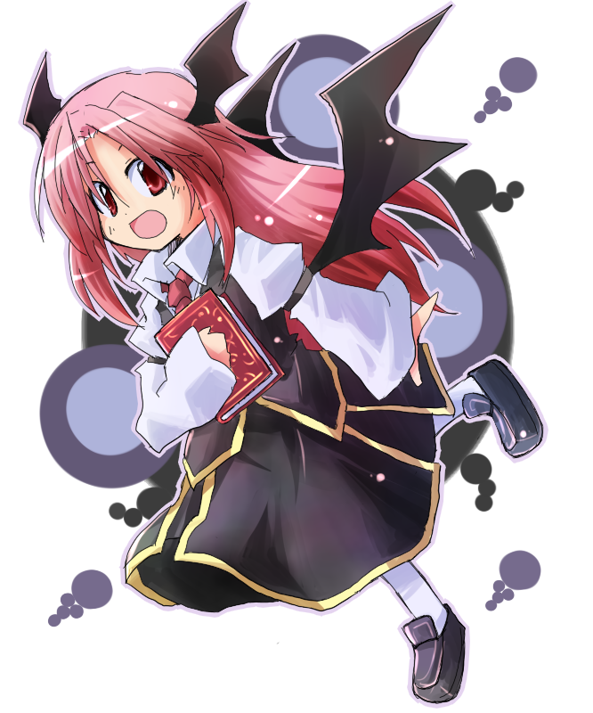 1girl :d bat_wings black_armband black_footwear black_skirt black_vest black_wings book book_hug circle collared_shirt commentary_request dot_nose dress_shirt dutch_angle full_body hair_between_eyes head_wings holding holding_book juliet_sleeves koakuma loafers long_sleeves looking_at_viewer low_wings necktie object_hug puffy_sleeves red_eyes red_necktie redhead shirt shoes simple_background skirt skirt_set smile socks solo touhou vest white_background white_shirt white_socks wings yuuhi_alpha