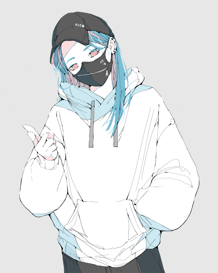 1girl alpha_transparency baggy_clothes baseball_cap black_headwear blue_hair commentary_request cowboy_shot drawstring ear_piercing grey_background grey_pants hand_in_pocket hat head_tilt hood hood_down hooded_sweater hoodie long_hair long_sleeves looking_at_viewer mask mouth_mask no_pupils nocopyrightgirl original pale_skin pants parted_bangs piercing pointing pointing_at_viewer red_eyes sleeve_cuffs solo sweater zipper zipper_pull_tab