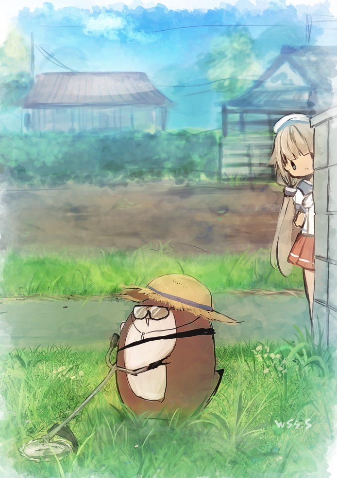 1girl blue_sailor_collar blue_sky bokukawauso clouds day grass grey_hair hat house kantai_collection lawnmower long_hair low_twintails mikura_(kancolle) otter outdoors peeking_out pleated_skirt puffy_short_sleeves puffy_sleeves red_skirt sailor_collar sailor_hat sailor_shirt shirt short_sleeves skirt sky solo_focus sunglasses twintails wall white_shirt wss_(nicoseiga19993411)