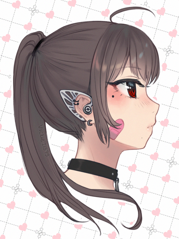 1girl ahoge bandaid bandaid_on_cheek bandaid_on_face black_collar brown_hair closed_mouth collar cropped_torso ear_piercing earphones earrings english_commentary fake_elf_ears from_side heart heart_background jewelry long_hair mole mole_under_eye original piercing ponytail portrait profile red_eyes sidelocks skull_and_crossbones solo vickie_(cryingrobot) vickie_(cryingrobot)_(character) white_background wireless_earphones yowu_elf_earphones