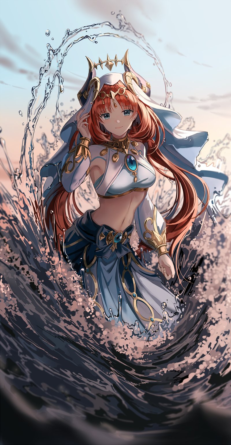 1girl blue_eyes breasts brooch fake_horns genshin_impact hand_up highres horns jewelry large_breasts long_hair long_sleeves looking_at_viewer navel nilou_(genshin_impact) orange_hair outdoors parted_bangs silence_girl smile solo twintails water