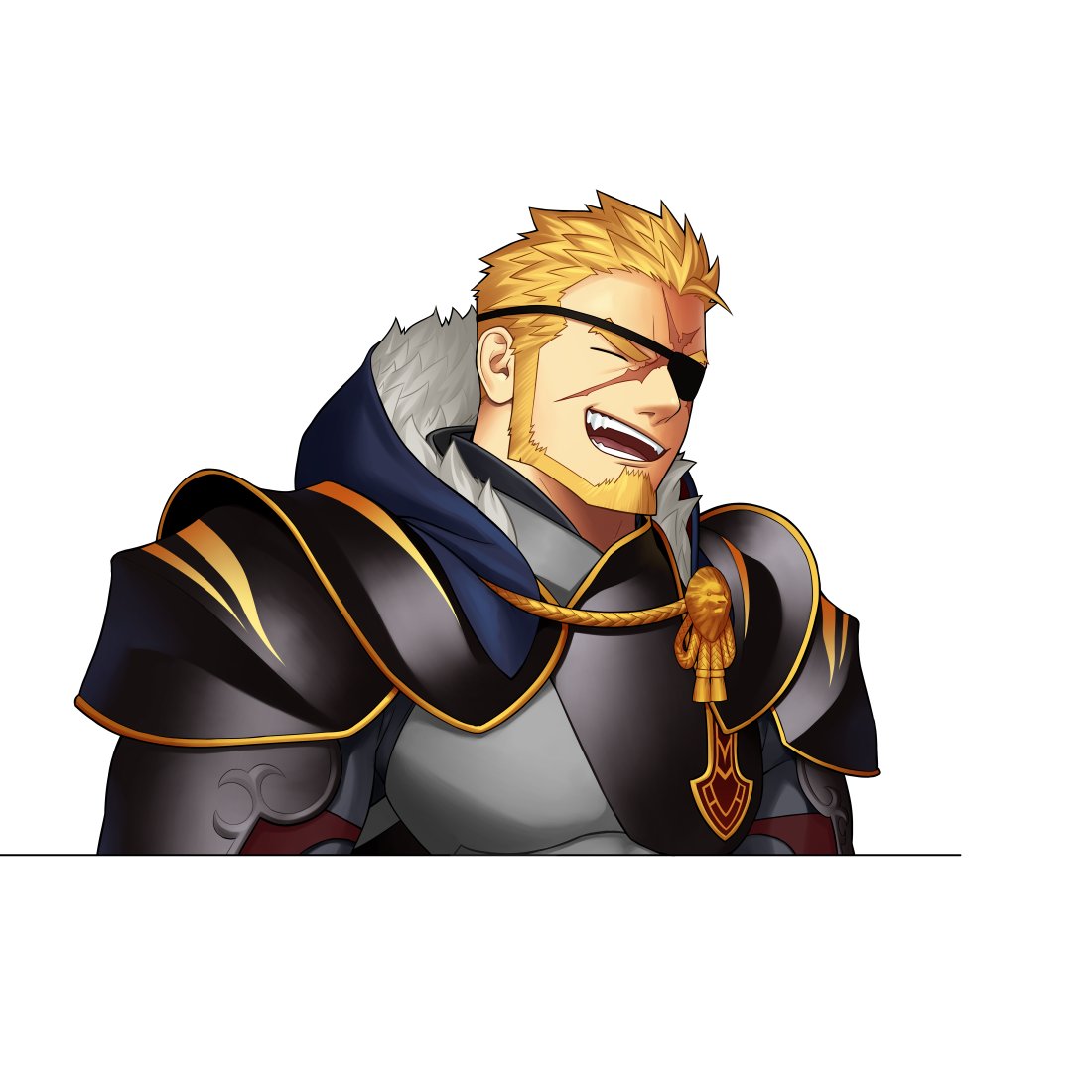 1boy armor beard blonde_hair breastplate closed_eyes eyepatch facial_hair fangs gyee hood hoodie itto_(mentaiko) male_focus markus_(gyee) mature_male medal scar shoulder_armor simple_background smile solo spiky_hair sprite teeth thick_eyebrows tongue upper_body white_background