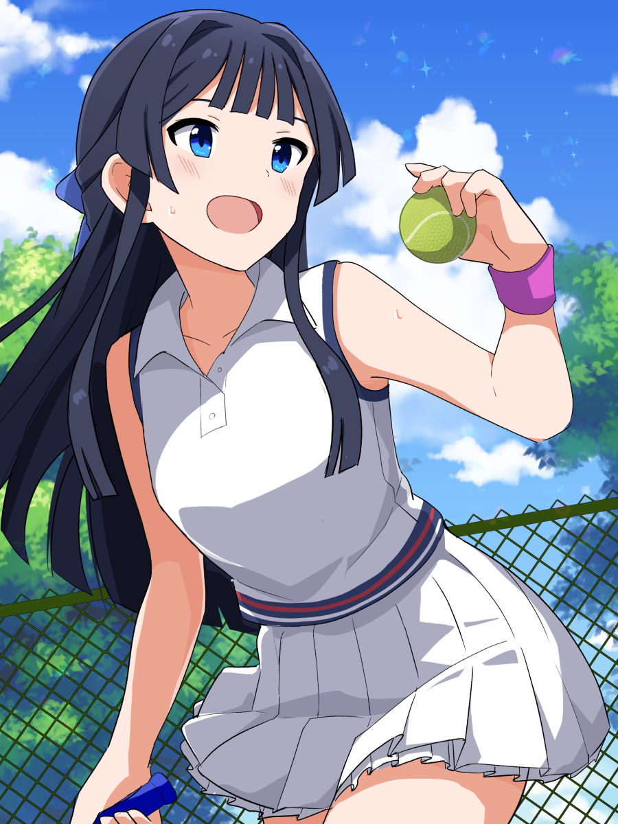 1girl ball bare_shoulders black_hair blue_eyes blue_ribbon blue_sky blush breasts chain-link_fence clouds collarbone cowboy_shot day fence hair_ribbon hand_up highres holding holding_ball holding_racket idolmaster idolmaster_million_live! idolmaster_million_live!_theater_days long_hair looking_at_another medium_breasts mogami_shizuka open_mouth outdoors pleated_skirt racket ribbon shirt skirt sky sleeveless sleeveless_shirt smile solo sportswear sweat tennis_ball tennis_racket tennis_uniform tree trinitro_t white_shirt white_skirt wristband