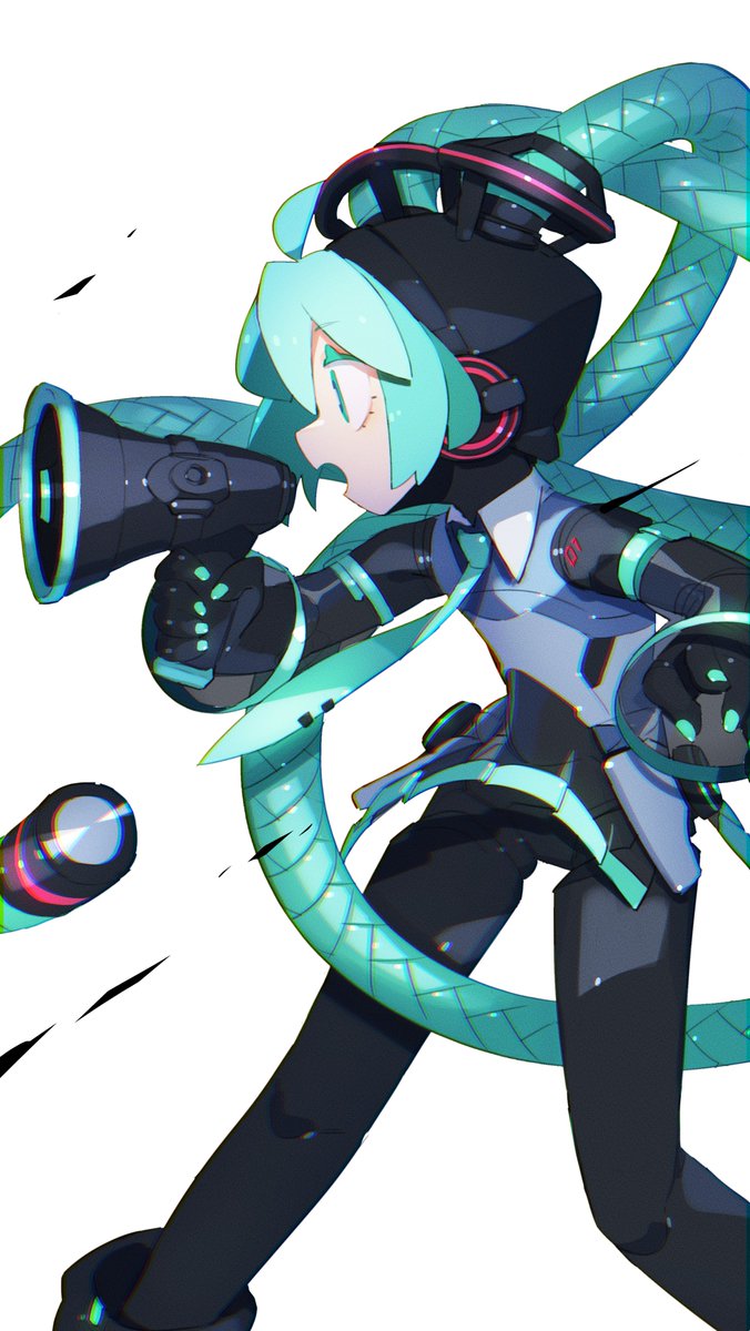 1girl absurdly_long_hair ahoge android aqua_eyes aqua_nails aqua_necktie cable cable_hair cheri_zao detached_sleeves feet_out_of_frame hatsune_miku headgear highres holding holding_megaphone joints long_hair mechanization megaphone necktie number_tattoo open_mouth profile robot_girl robot_joints see-through see-through_skirt see-through_sleeves simple_background skirt solo tattoo very_long_hair vocaloid white_background