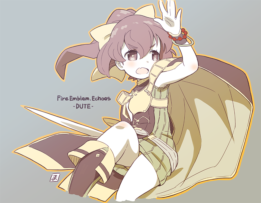 1girl arm_up armpits boots bow brown_cape brown_footwear cape copyright_name cropped_legs delthea_(fire_emblem) dress fang fire_emblem fire_emblem_echoes:_shadows_of_valentia green_dress grey_background hair_bow holding holding_sword holding_weapon long_hair mawaru_(mawaru) orange_outline ponytail simple_background skin_fang solo sword weapon yellow_bow