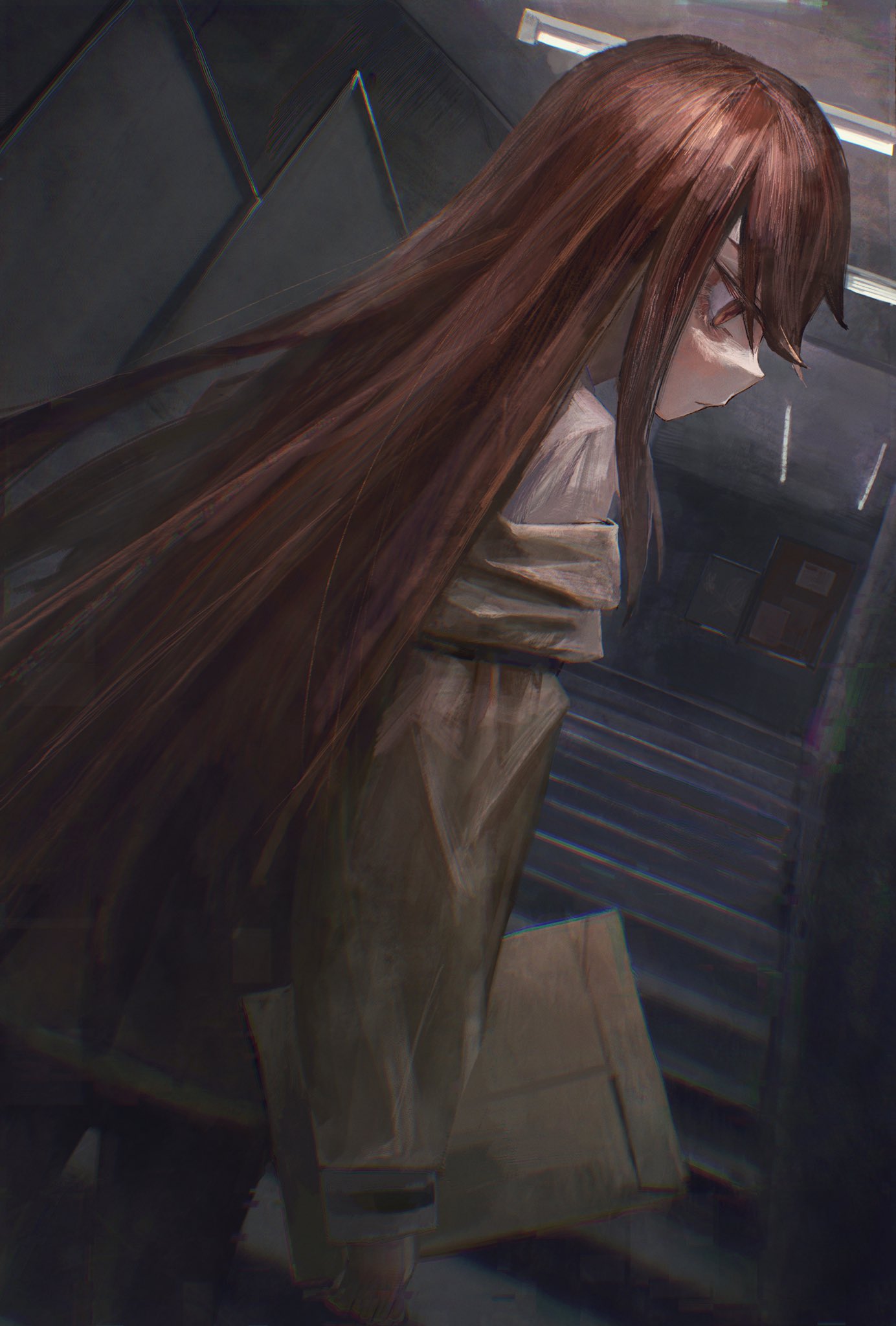 1girl alternate_eye_color brown_coat closed_mouth coat commentary door highres holding holding_paper indoors long_hair looking_to_the_side magan0301 makise_kurisu on_stairs paper profile red_eyes redhead shirt sleeve_cuffs solo stairs steins;gate straight_hair white_shirt