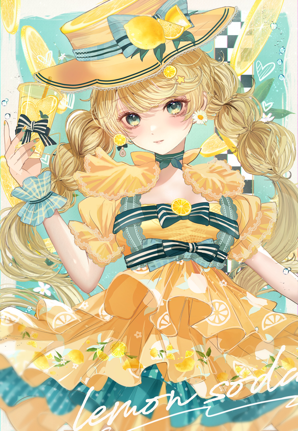 1girl aqua_background aqua_eyes aqua_nails aqua_ribbon blonde_hair border closed_mouth commentary_request cowboy_shot cup daisy disposable_cup dress drink drinking_straw earrings english_text flower flower_earrings food fruit fruit_hat_ornament hand_up hat hat_ribbon highres holding holding_cup holding_drink jewelry komorihikki lemon lemon_print lemon_slice lemonade long_hair looking_at_viewer multi-tied_hair nail_polish original outside_border print_dress puffy_short_sleeves puffy_sleeves ribbon short_sleeves solo striped striped_ribbon twintails two-tone_nails very_long_hair white_border white_flower wrist_cuffs yellow_dress yellow_headwear yellow_nails