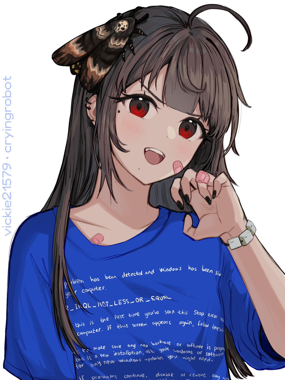 1girl ahoge animal_on_head artist_name bandaid bandaid_on_cheek bandaid_on_chest bandaid_on_face bandaid_on_hand black_nails blue_screen_of_death blue_shirt bracelet brown_hair bug claw_pose death's_head_hawkmoth english_commentary hand_up highres jewelry long_hair looking_at_viewer mole mole_under_eye moth nail_polish on_head open_mouth original red_eyes shirt short_sleeves simple_background straight_hair t-shirt upper_body vickie_(cryingrobot) vickie_(cryingrobot)_(character) white_background