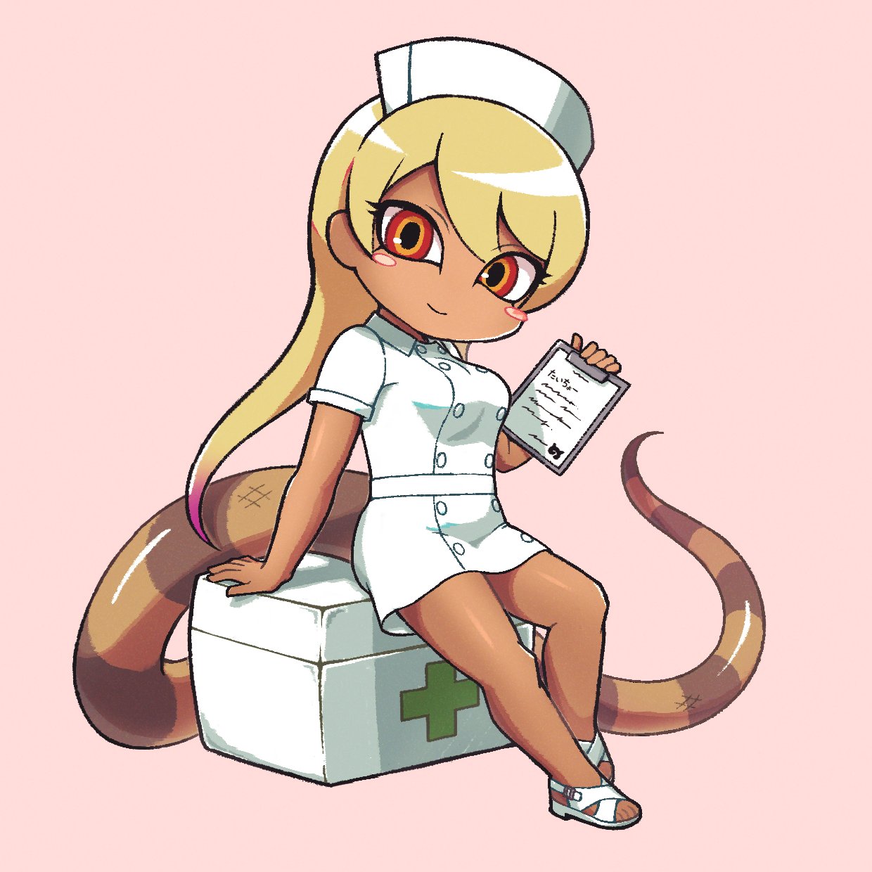 1girl alternate_costume blush clipboard collared_dress dress first_aid_kit gradient_hair hat highres hoshino_mitsuki japari_symbol kemono_friends kemono_friends_3 king_cobra_(kemono_friends) long_hair long_tail multicolored_hair nurse nurse_cap orange_eyes purple_hair red_eyes sandals short_sleeves snake_tail solo tail two-tone_eyes two-tone_hair white_dress white_footwear