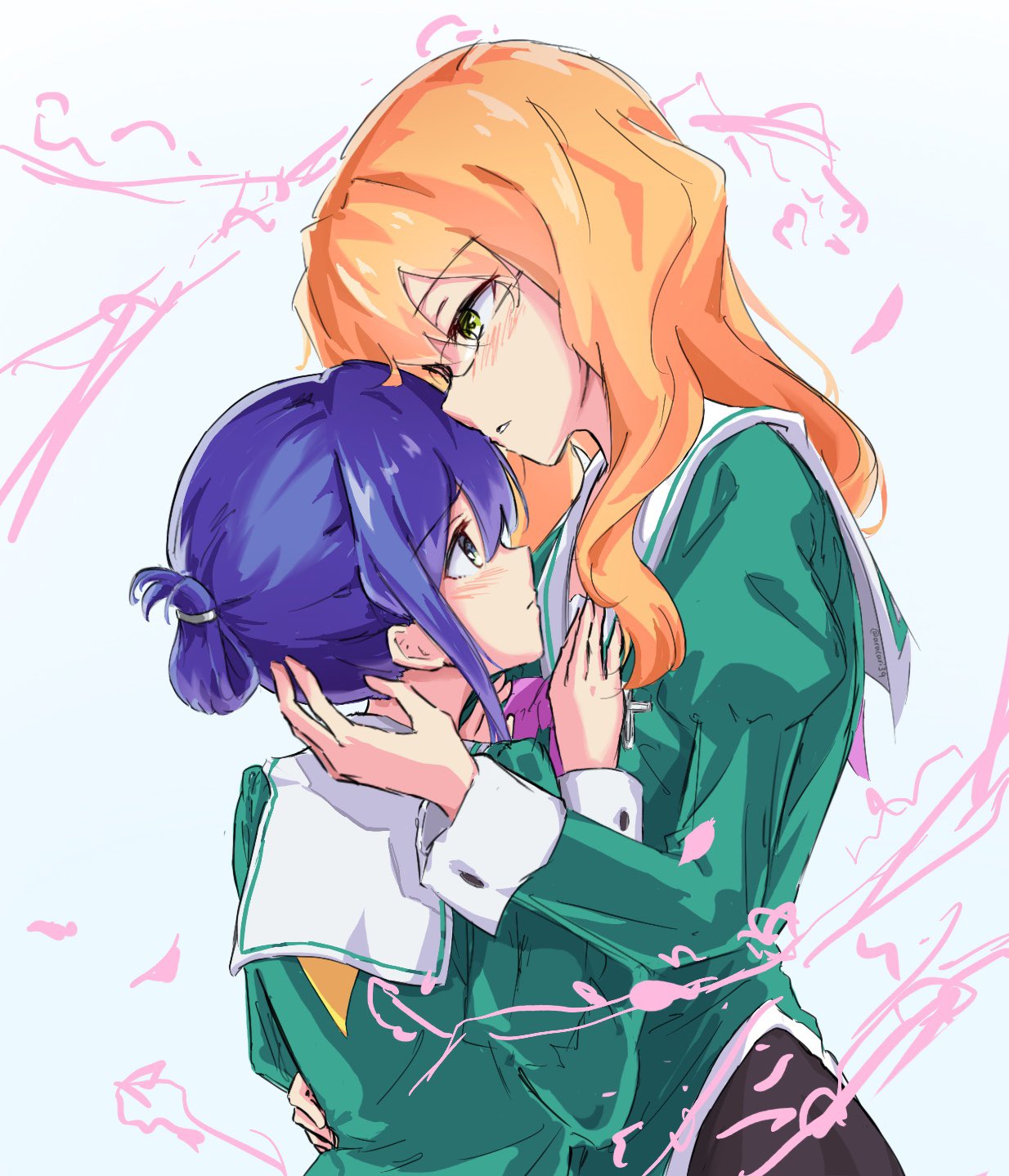 2girls aracari blue_hair blush buttoned_cuffs chibana_sumika closed_mouth couple folded_ponytail from_side glasses green_eyes green_shirt hair_between_eyes hand_on_another's_waist hands_on_another's_chest height_difference highres hug juliet_sleeves liebe_girls_academy_school_uniform long_hair long_sleeves looking_at_another mamiya_kanoko multiple_girls neckerchief orange_hair parted_lips puffy_sleeves purple_neckerchief sailor_collar school_uniform shirt simple_background upper_body watashi_no_yuri_wa_oshigoto_desu! wavy_hair white_background white_sailor_collar yellow_neckerchief yuri