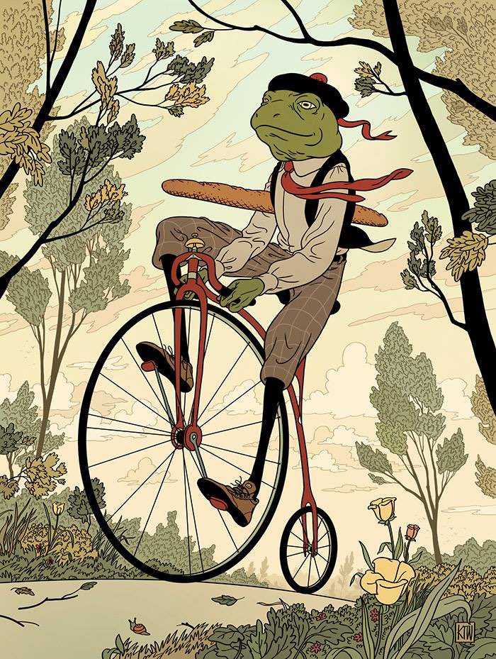 1boy baguette beret bicycle black_vest bread clouds cloudy_sky flower food frog furry hat holding holding_food kyletwebster leaf necktie no_humans original outdoors park red_necktie red_ribbon ribbon riding riding_bicycle shirt signature sky smile tall_bicycle tree vest white_shirt wind yellow_eyes yellow_flower
