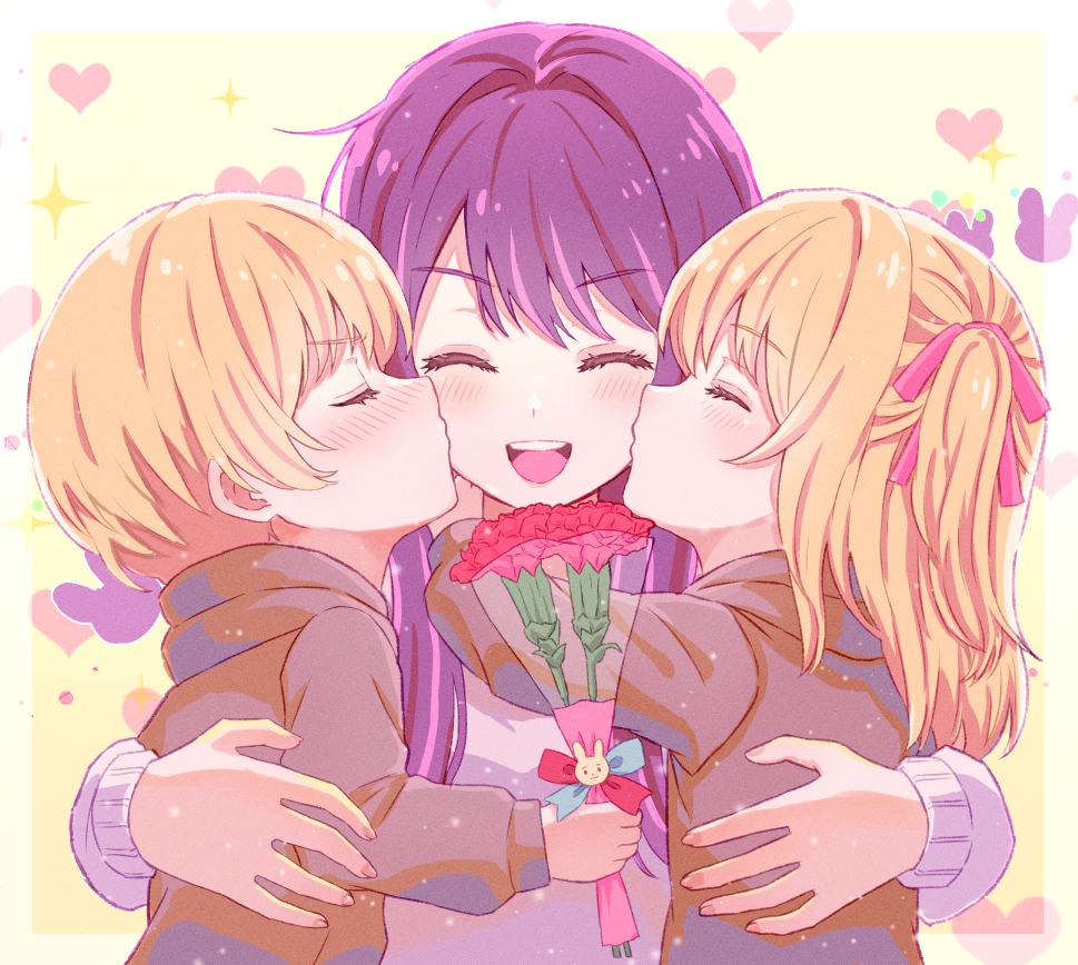 1boy 2girls blonde_hair blush bouquet brother_and_sister child closed_eyes commentary family hair_ribbon heart holding holding_bouquet hoshino_ai_(oshi_no_ko) hoshino_aquamarine hoshino_ruby kiss long_hair mother's_day mother_and_daughter mother_and_son multiple_girls murabitot one_side_up open_mouth oshi_no_ko pink_ribbon purple_hair red_ribbon ribbon short_hair siblings twins