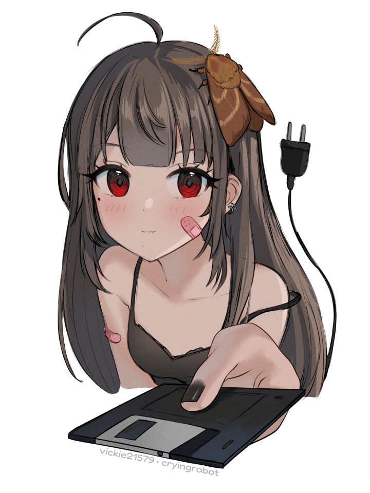 1girl ahoge animal_on_head artist_name bandaid bandaid_on_arm bandaid_on_cheek bandaid_on_face bare_shoulders black_nails black_shirt brown_hair bug cable cable_tail closed_mouth collarbone cropped_torso earrings electric_plug floppy_disk giving holding jewelry light_blush light_smile long_hair looking_at_viewer mechanical_tail meme mole mole_under_eye moth nail_polish on_head original quieres?_(meme) reaching reaching_towards_viewer red_eyes shirt simple_background sleeveless sleeveless_shirt solo spaghetti_strap straight_hair strap_slip tail upper_body vickie_(cryingrobot) vickie_(cryingrobot)_(character) white_background