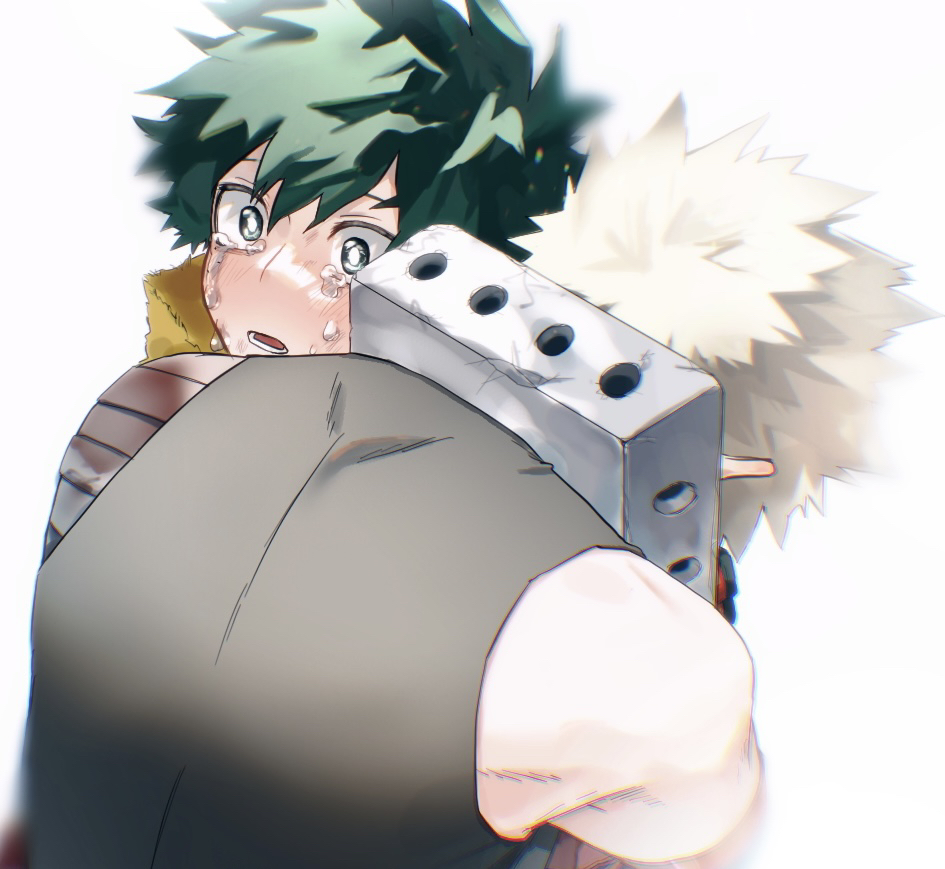 2boys armpit_peek bakugou_katsuki bandaged_arm bandages black_tank_top blonde_hair blood blood_on_bandages blood_stain blurry blush boku_no_hero_academia bright_pupils cape crying crying_with_eyes_open depth_of_field detached_sleeves eyebrows_hidden_by_hair freckles from_behind gloves green_eyes green_gloves green_hair hair_between_eyes head_down hug leaning_forward lower_teeth_only male_focus midoriya_izuku multiple_boys official_alternate_costume open_mouth orange_gloves scratched scratches sesami_dkt short_hair simple_background single_bare_shoulder sleeveless spiky_hair spoilers surprised tank_top tears teeth torn_cape torn_clothes two-tone_gloves white_background white_pupils yellow_cape
