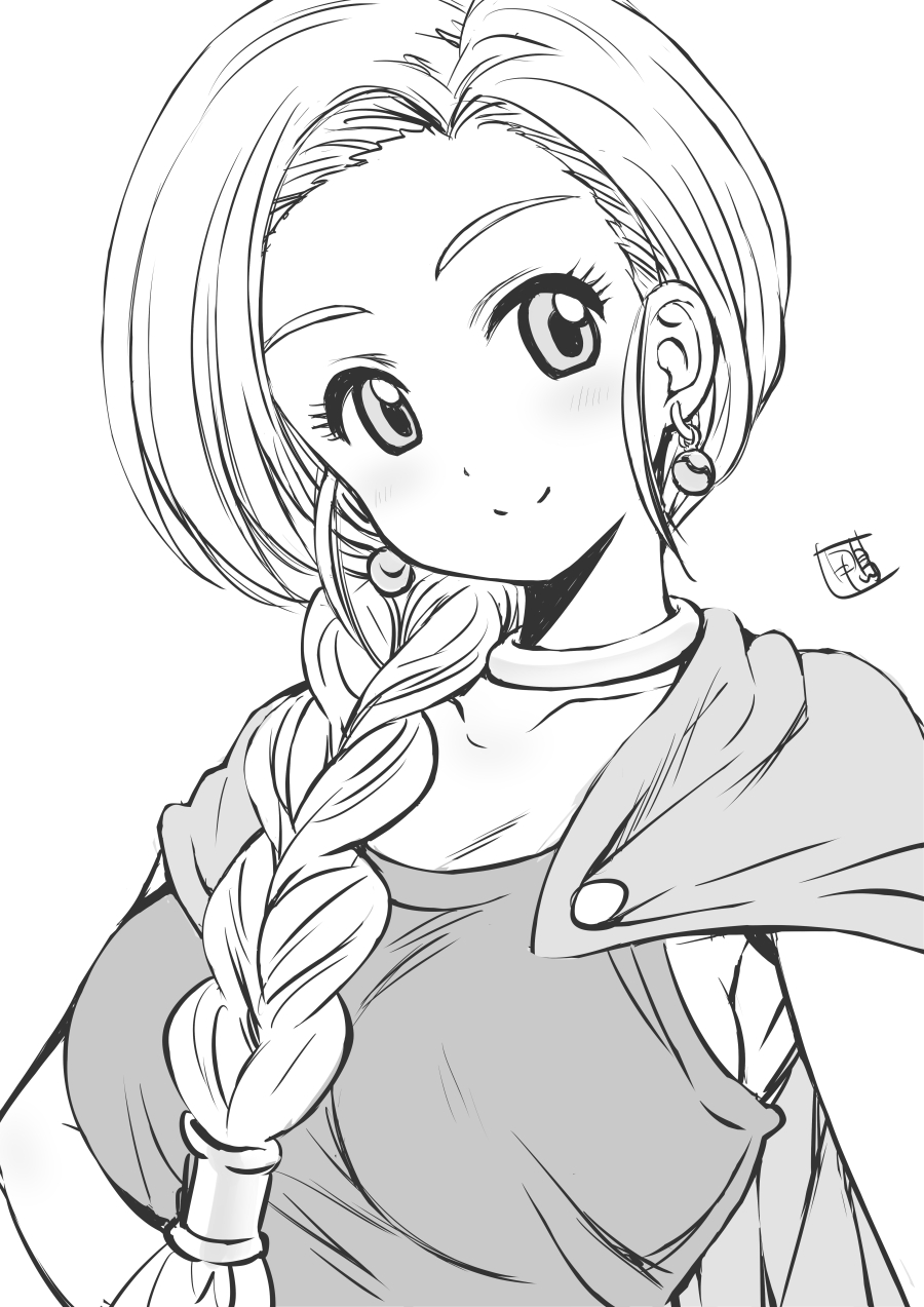 1girl bianca_(dq5) blush braid breasts cape choker collarbone dragon_quest dragon_quest_v earrings hair_over_shoulder highres jewelry kamogawa_tanuki large_breasts monochrome signature simple_background single_braid smile solo upper_body white_background