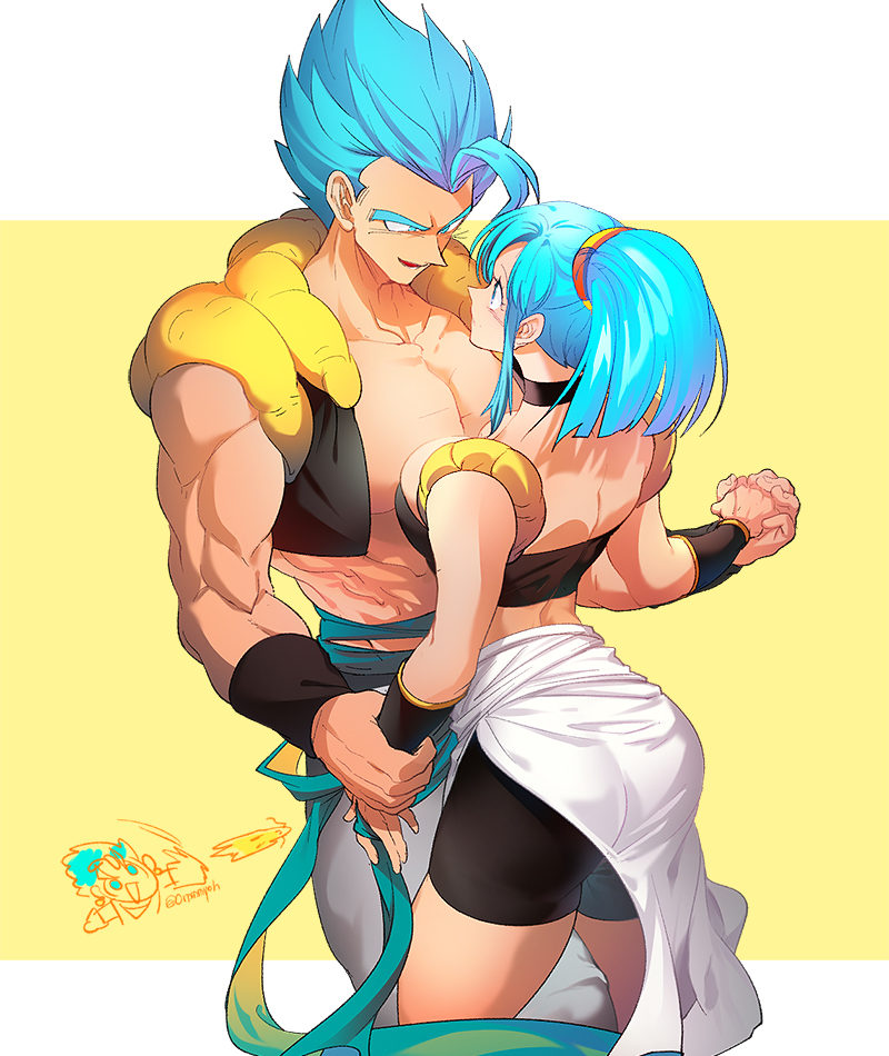 1boy 1girl abs ass bike_shorts black_choker black_tube_top black_vest black_wristband blue_eyes blue_hair breasts bulchi choker closed_mouth collarbone dragon_ball dragon_ball_super dragon_ball_z eye_contact eyelashes face-to-face fingernails gogeta hair_between_eyes height_difference high_ponytail holding_hands large_breasts looking_at_another looking_down median_furrow metamoran_vest muscular muscular_male ommmyoh pants parted_lips pectorals ponytail profile sidelocks single_bang size_difference skindentation smile spiky_hair strapless striped striped_background super_saiyan super_saiyan_blue thick_thighs thighs tube_top two-tone_background vest waist_cape white_background white_pants wrist_wrap wristband yellow_background