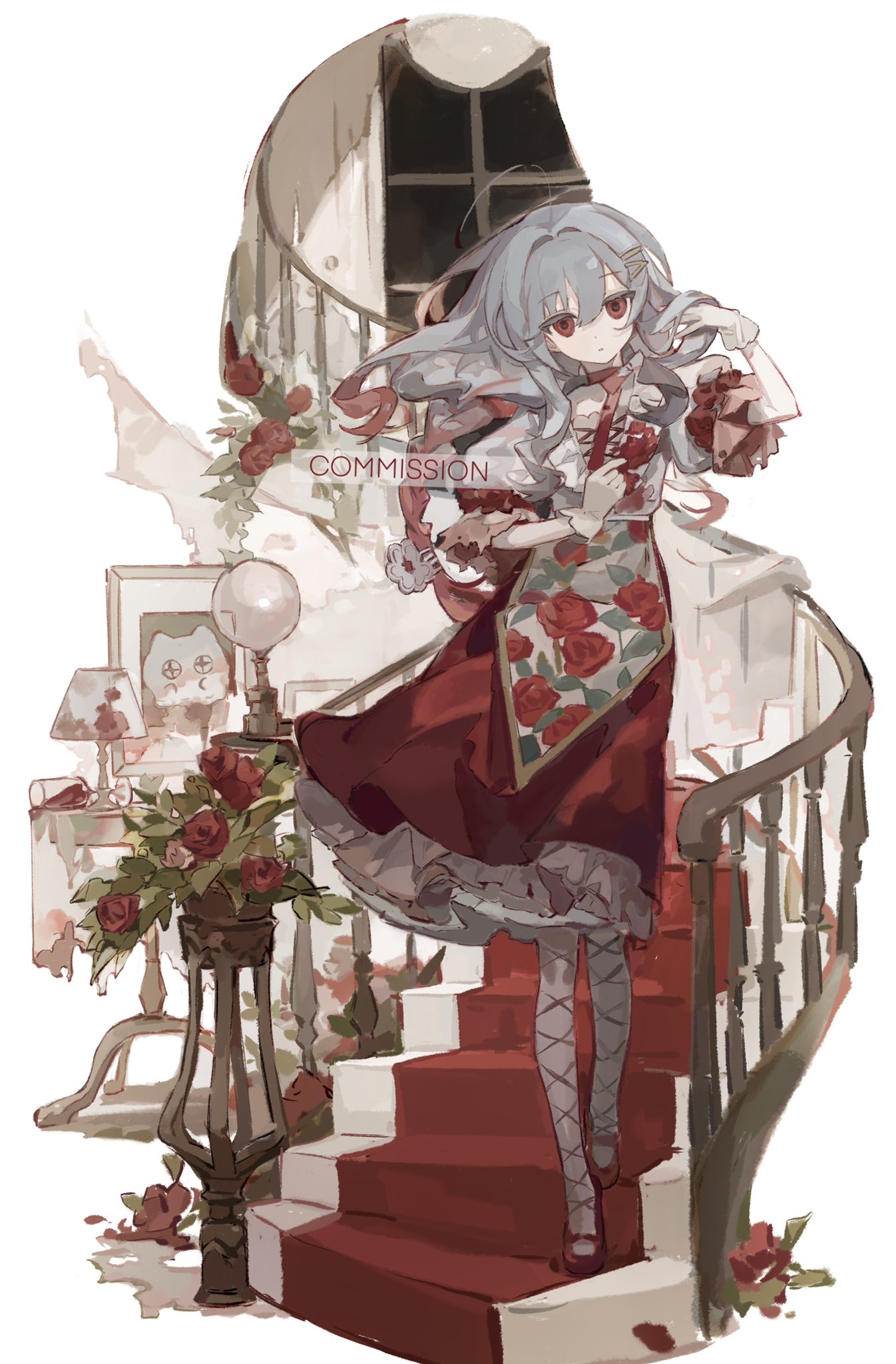 1girl ahoge commission dress fishnet_pantyhose fishnets floral_print flower frilled_dress frills gelili366 grey_hair hair_ornament hairclip highres lantern long_hair looking_at_viewer original pantyhose parted_lips plant potted_plant red_dress red_eyes red_flower red_footwear red_rose rose shoes sidelocks simple_background solo spiral_staircase stairs table white_background window