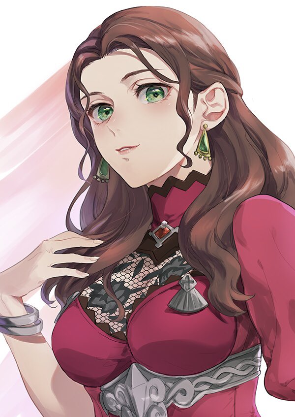 1girl bracelet breasts brown_hair commentary_request dorothea_arnault dress earrings fire_emblem fire_emblem:_three_houses fire_emblem_warriors:_three_hopes green_eyes isa_(peien516) jewelry lips long_hair looking_at_viewer medium_breasts official_alternate_costume parted_lips pink_lips puffy_short_sleeves puffy_sleeves red_dress short_sleeves solo wavy_hair