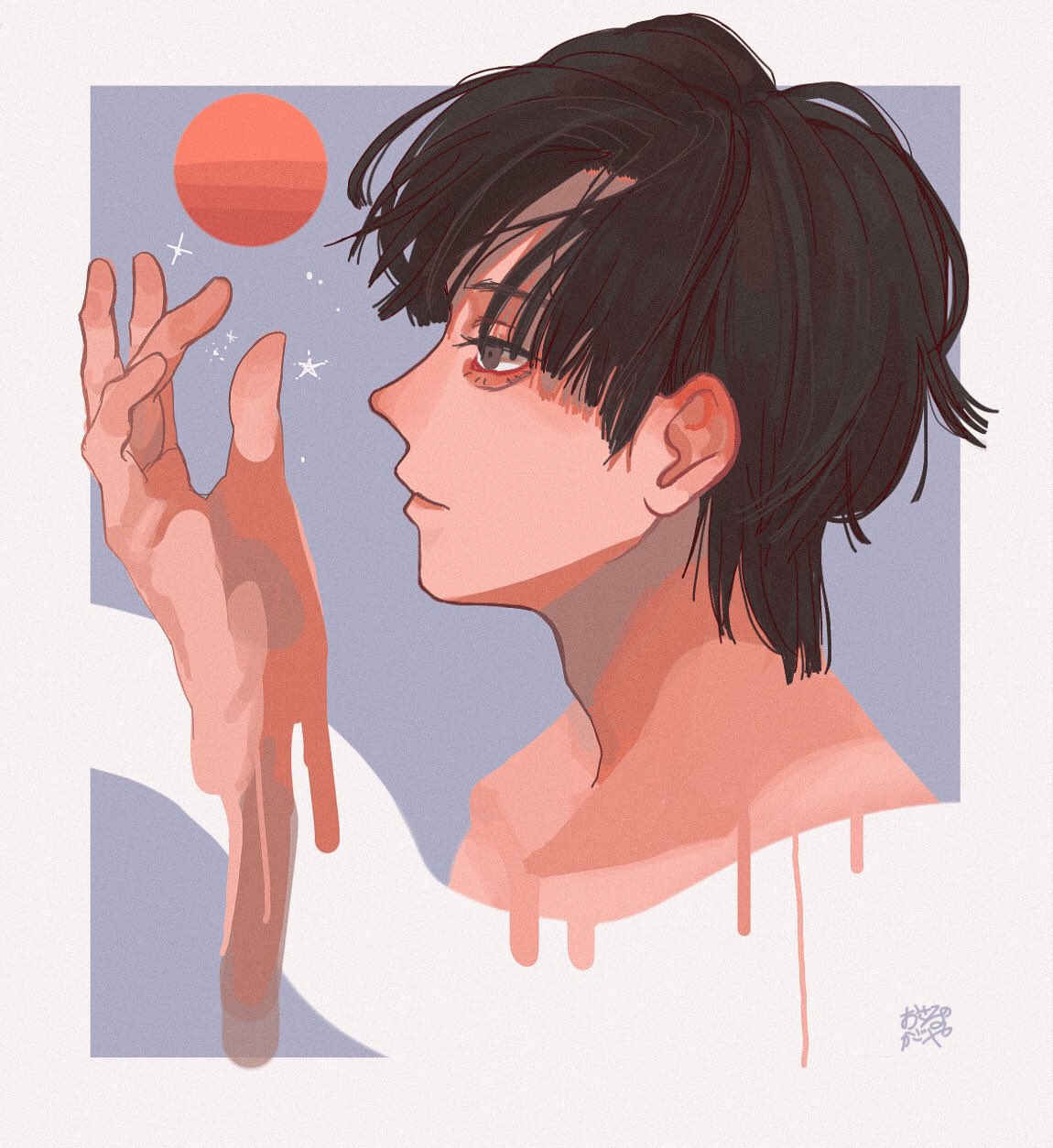 1boy adam's_apple bishounen black_hair blue_background border brown_eyes closed_mouth commentary_request from_side hand_up highres kagoya1219 male_focus melting moon original outside_border portrait profile red_moon short_hair signature solo upper_body white_border