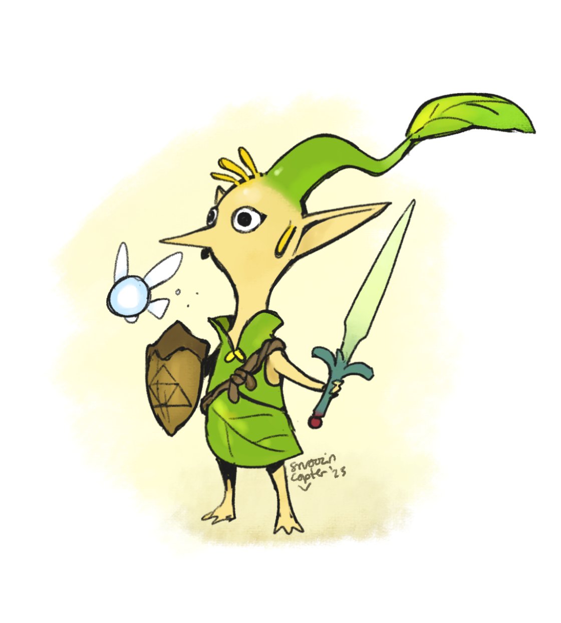 1boy bare_shoulders full_body green_headwear highres holding holding_shield holding_sword holding_weapon link long_hair navi orange_background pikmin_(creature) plant_hair pointy_ears shield snoozincopter solo standing sword the_legend_of_zelda the_legend_of_zelda:_ocarina_of_time triforce_print weapon white_background