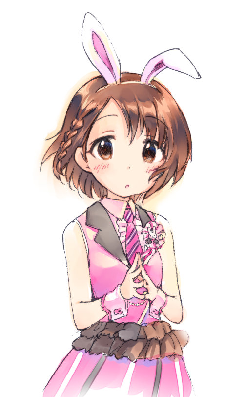 1girl :o animal_ears bare_shoulders blush braid brown_eyes brown_hair collared_dress dress fake_animal_ears idolmaster idolmaster_cinderella_girls kawaseki looking_at_viewer necktie own_hands_together pink_dress rabbit_ears sasaki_chie short_hair side_braid simple_background sketch sleeveless sleeveless_dress solo steepled_fingers upper_body white_background wrist_cuffs