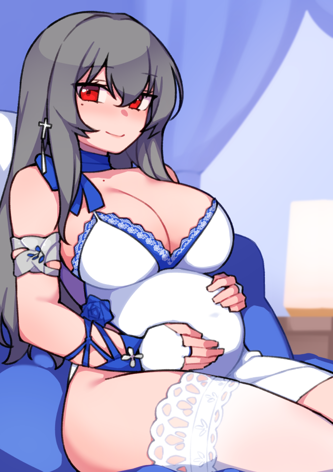 azur_lane belly_rub blue_curtain blue_flower blue_ribbon blue_rose blush breasts dress flower gloves grey_hair hair_ornament hand_on_own_stomach kwaejina lamp large_breasts long_hair mole mole_on_collarbone mole_under_eye pregnant red_eyes ribbon rose saint-louis_(azur_lane) saint-louis_(holy_knight's_resplendence)_(azur_lane) sitting sitting_on_pillow smile thigh-highs white_dress white_gloves white_thighhighs