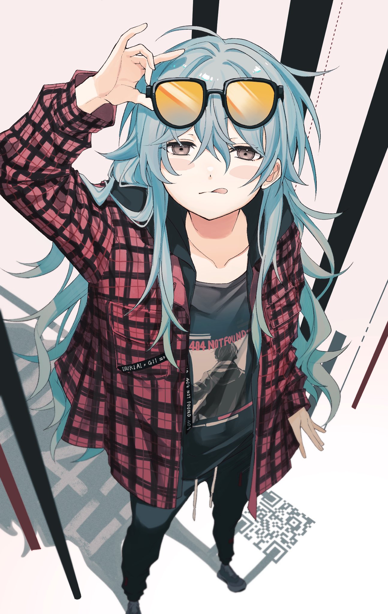 1girl :q adjusting_eyewear alternate_costume arm_up black_pants blue_hair blush_stickers closed_mouth collarbone commentary english_text eyewear_on_head foreshortening from_above g11_(girls'_frontline) girls_frontline grey_eyes half-closed_eyes highres hood hood_down hooded_jacket jacket long_hair long_sleeves looking_at_viewer looking_up messy_hair open_clothes open_jacket orange-tinted_eyewear pants plaid plaid_jacket print_shirt qr_code rabb_horn shadow shirt solo standing sunglasses sweatpants tinted_eyewear tongue tongue_out white_background