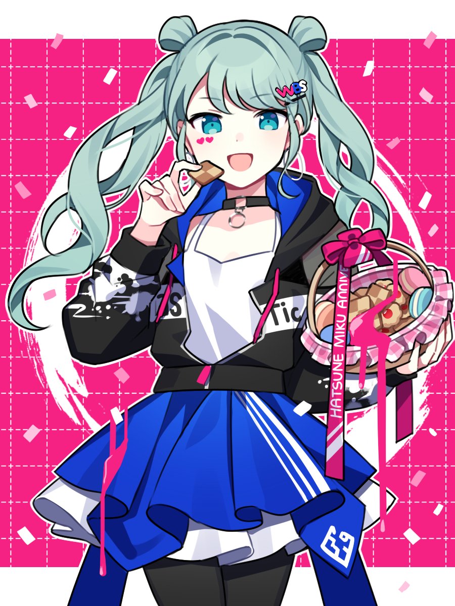 1girl :d basket black_choker black_jacket black_pantyhose blue_eyes blue_skirt checkerboard_cookie checkered_background choker cookie dress food hair_rings hatsune_miku highres holding holding_basket jacket long_hair long_sleeves looking_at_viewer open_mouth pantyhose pink_background skirt smile solo twintails vivid_bad_squad_(project_sekai) vivid_bad_squad_miku vocaloid waka_(wk4444) white_dress