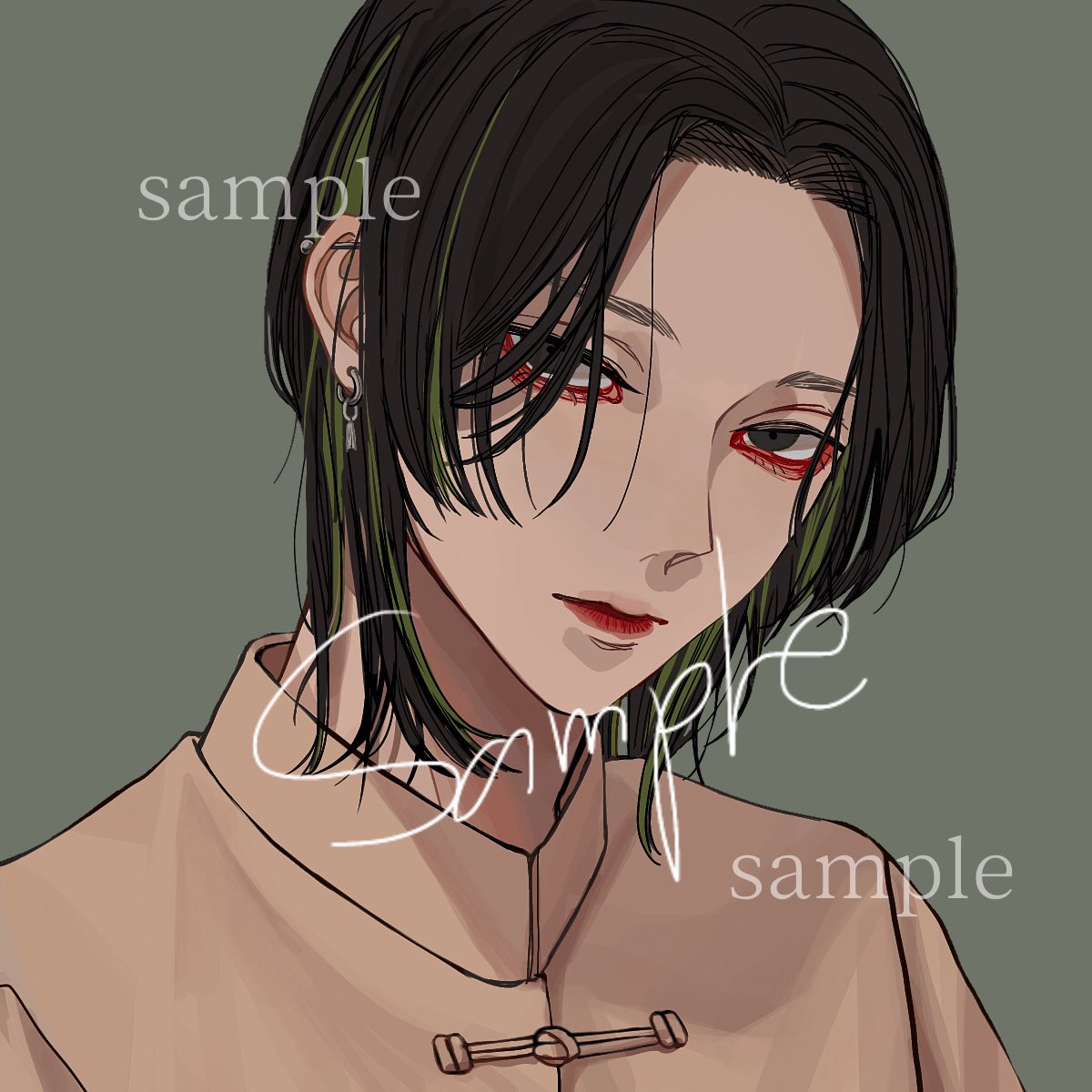 1boy androgynous bishounen black_eyes black_hair brown_jacket chinese_clothes closed_mouth commission ear_piercing earrings green_background green_hair grey_background highres jacket jewelry kagoya1219 looking_at_viewer male_focus medium_hair multicolored_hair original piercing portrait sample_watermark simple_background solo streaked_hair tangzhuang watermark