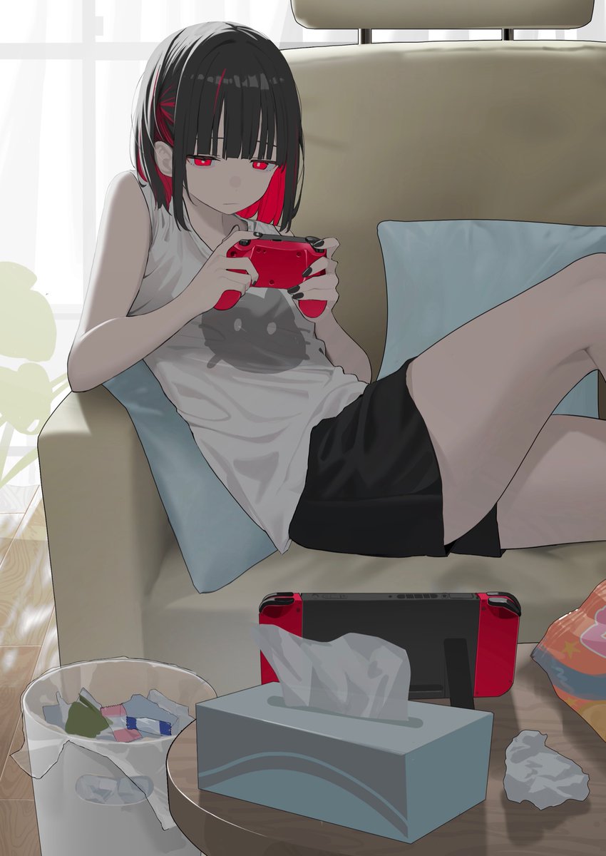 1girl 38_(sanjuuhachi) animal_print bag_of_chips bare_arms black_hair black_nails black_shorts candy_wrapper cat_print closed_mouth colored_inner_hair commentary_request controller couch expressionless feet_out_of_frame game_controller highres holding holding_controller holding_game_controller knee_up medium_hair multicolored_hair nintendo_switch on_couch original pillow red_eyes redhead shorts solo tank_top tissue tissue_box trash_can used_tissue white_tank_top