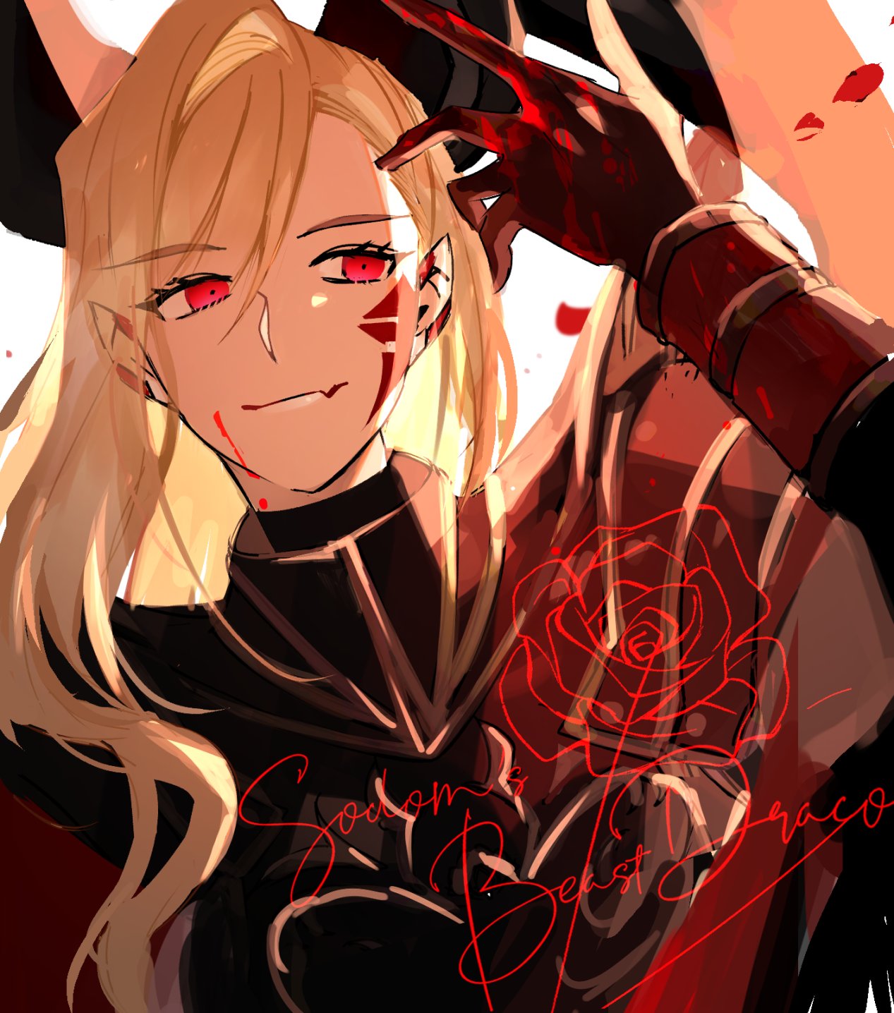 1girl armor black_armor black_horns blonde_hair blood blood_on_face blood_on_hands dragon_horns facial_mark fate/grand_order fate_(series) flower gloves highres horns long_hair looking_to_the_side mashugure nero_claudius_(fate) petals pointy_ears queen_draco_(fate) queen_draco_(third_ascension)_(fate) red_eyes rose rose_petals signature simple_background smile solo upper_body wavy_hair white_background