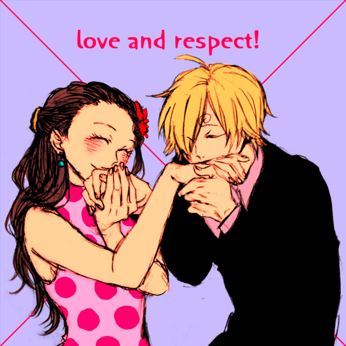 1boy 1girl 3kaku_ya artist_name asymmetrical_bangs bare_shoulders black_hair blonde_hair blush closed_eyes closed_mouth curly_eyebrows dress earrings english_text flower formal hair_flower hair_ornament hair_over_one_eye jewelry kiss kissing_hand long_hair one_piece polka_dot polka_dot_dress purple_background sanji_(one_piece) short_hair sleeveless sleeveless_dress smile suit viola_(one_piece) wavy_hair