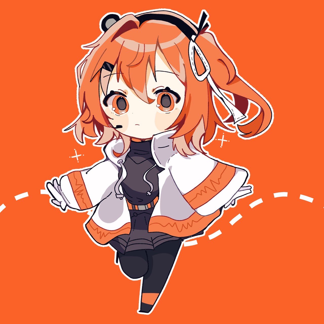 1girl a.i._voice adachi_rei belt black_leggings black_shirt black_skirt chibi commentary dotted_line floating_hair gloves hair_ornament hairclip headlamp headset highres jacket leggings long_sleeves looking_at_viewer medium_hair microphone one_side_up open_clothes open_jacket orange_background orange_belt orange_eyes outline outstretched_arms pleated_skirt shirt single_hair_intake skirt solo sparkle spread_arms standing standing_on_one_leg turtleneck uryuta utau white_gloves white_jacket white_outline