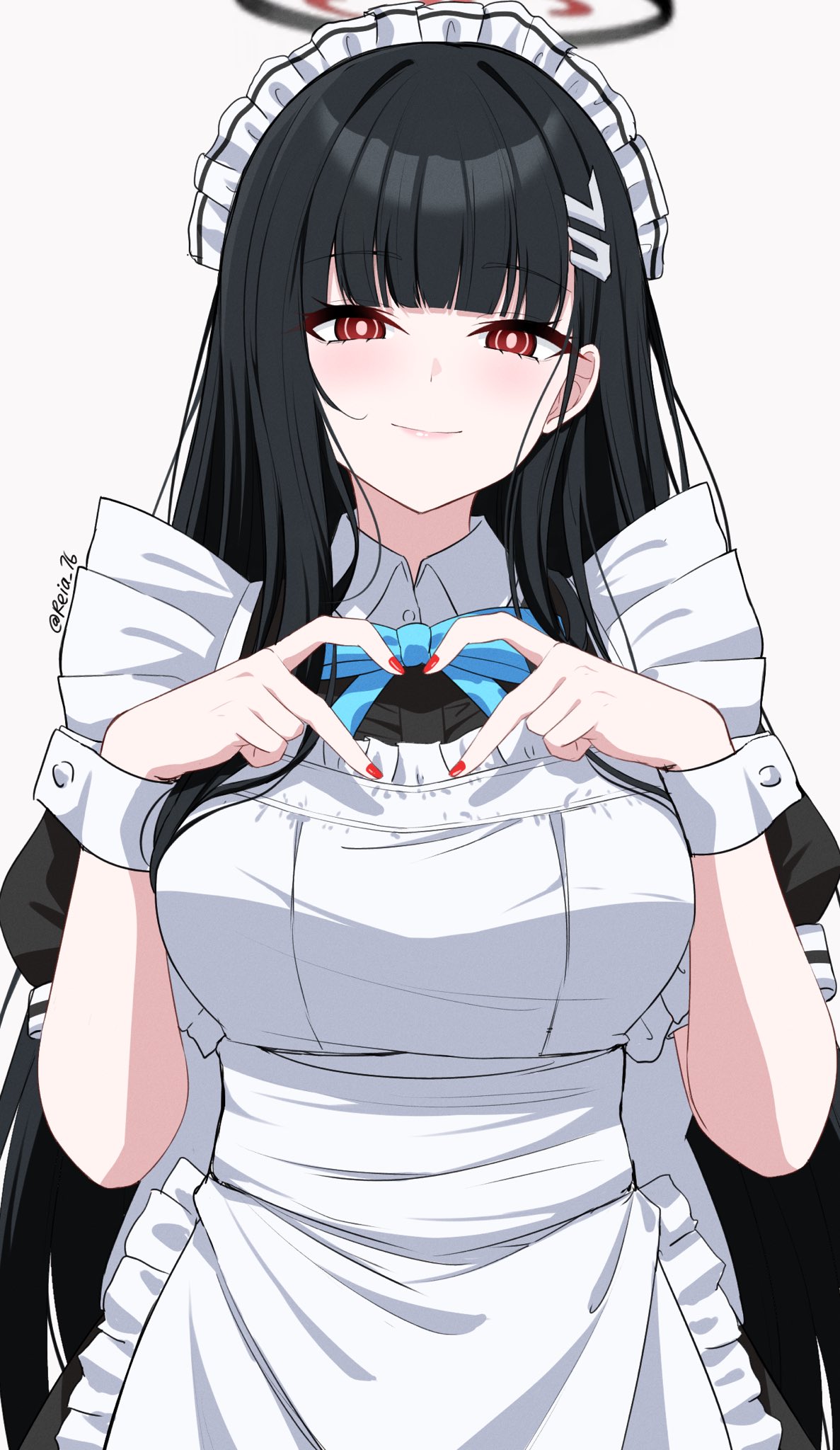 1girl apron black_dress black_hair blue_archive blue_bow blue_bowtie blush bow bowtie breasts bright_pupils collared_dress commentary dress hair_ornament hairclip halo heart heart_hands highres large_breasts long_hair looking_at_viewer maid_apron maid_headdress red_eyes red_nails reia_76 rio_(blue_archive) smile solo symbol-only_commentary twitter_username white_pupils wrist_cuffs