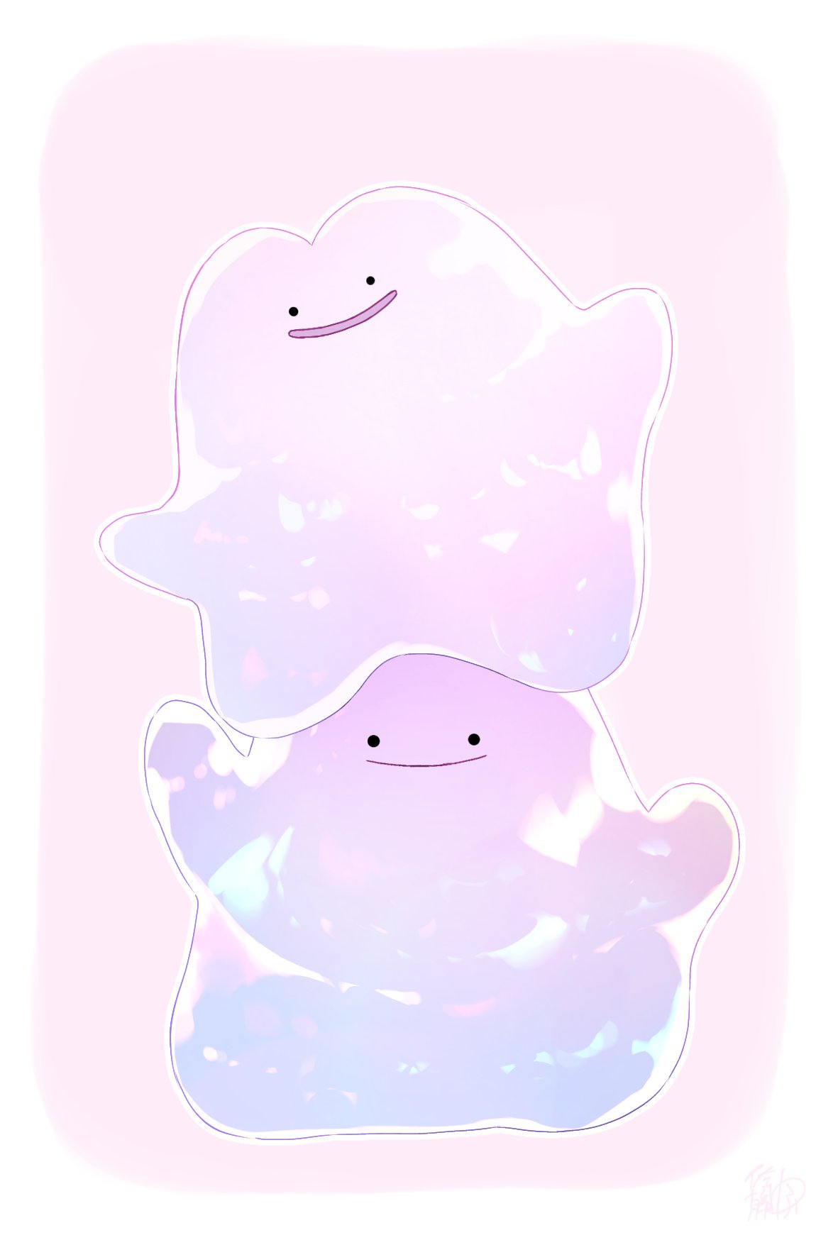 black_eyes border closed_mouth ditto happy highres looking_at_viewer no_humans open_mouth pink_background pokemon pokemon_(creature) signature smile wafu_pkmn white_border