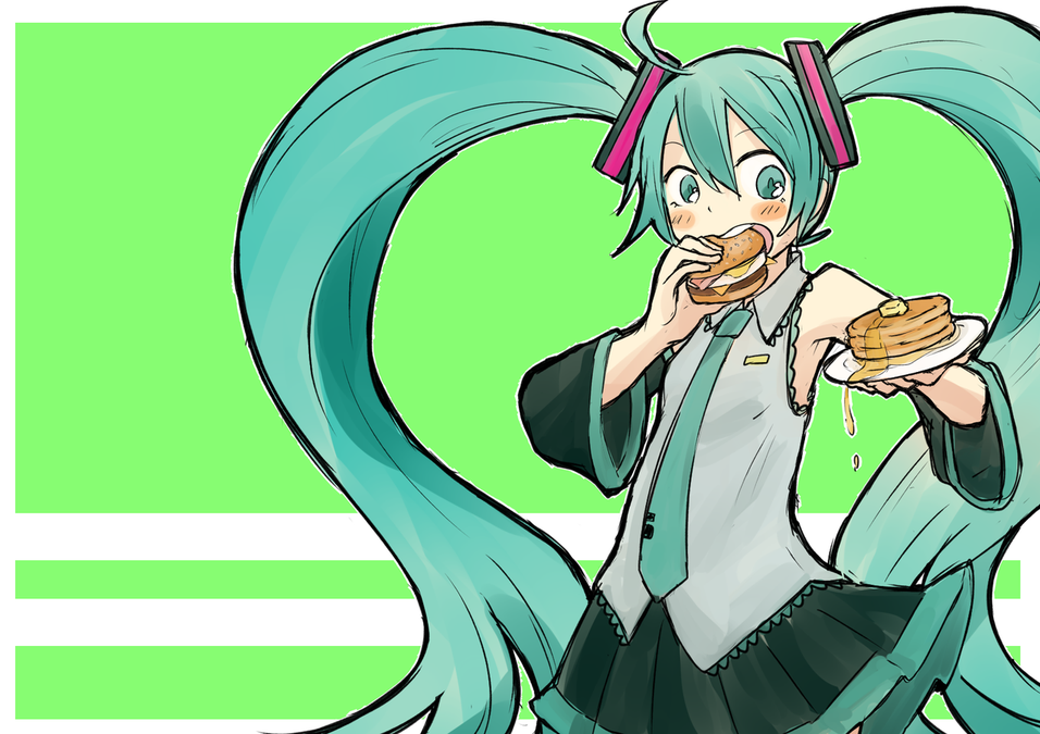 1girl aqua_eyes aqua_hair aqua_necktie armpit_peek bare_shoulders biting blush_stickers border burger butter collared_shirt food green_background grey_shirt hatsune_miku holding holding_food holding_plate long_hair miniskirt necktie plate pleated_skirt shirt skirt solo syrup teeth twintails upper_teeth_only very_long_hair vocaloid white_border yuzuta