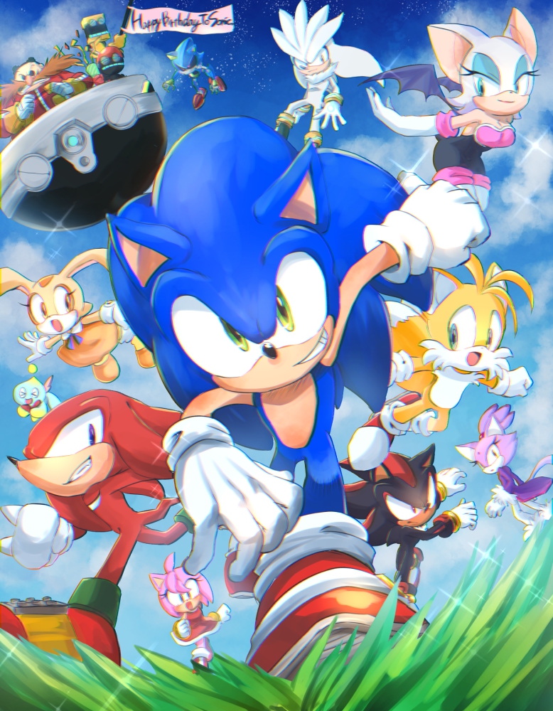 amy_rose blaze_the_cat blue_sky chao_(sonic) cheese_(sonic) clouds cream_the_rabbit cubot dr._eggman flying furry furry_female furry_male gloves grass knuckles_the_echidna metal_sonic open_mouth orbot outdoors rouge_the_bat shadow_the_hedgehog shoes silver_the_hedgehog sky sonic_(series) sonic_the_hedgehog tails_(sonic) tondamanuke white_gloves