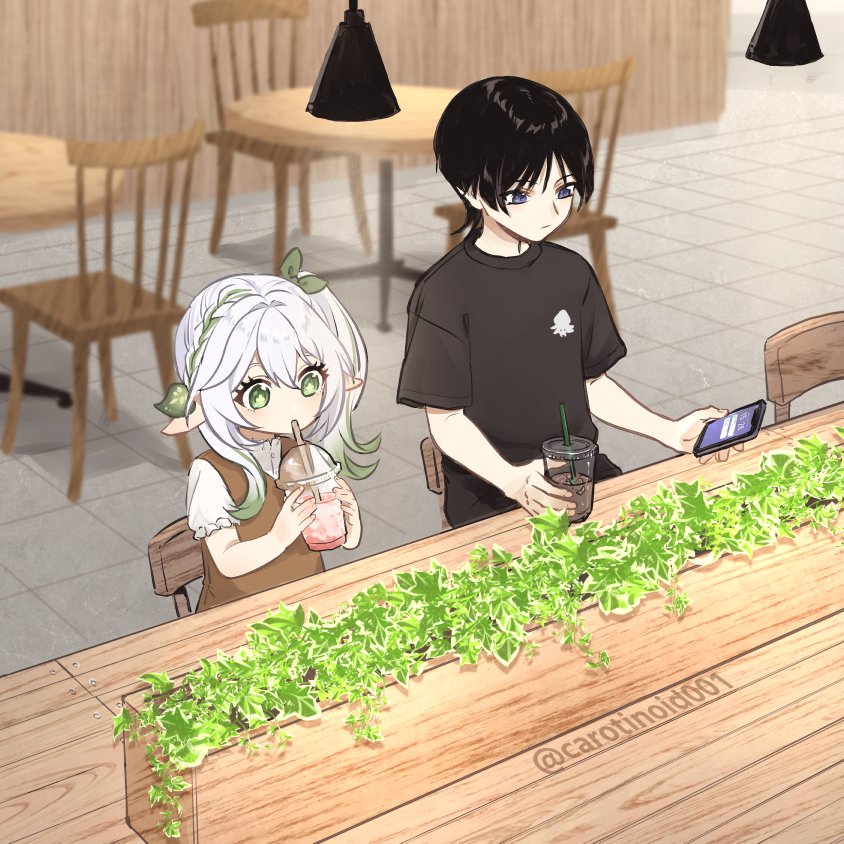 1boy 1girl alternate_costume black_hair black_shirt cafe carotinoid001 ceiling_light cellphone chair closed_mouth cup disposable_cup genshin_impact green_eyes green_hair green_ribbon hair_between_eyes hair_ribbon holding holding_cup holding_phone indoors long_hair nahida_(genshin_impact) phone plant pointy_ears ponytail ribbon scaramouche_(genshin_impact) shirt short_sleeves side_ponytail sitting smartphone twitter_username white_hair