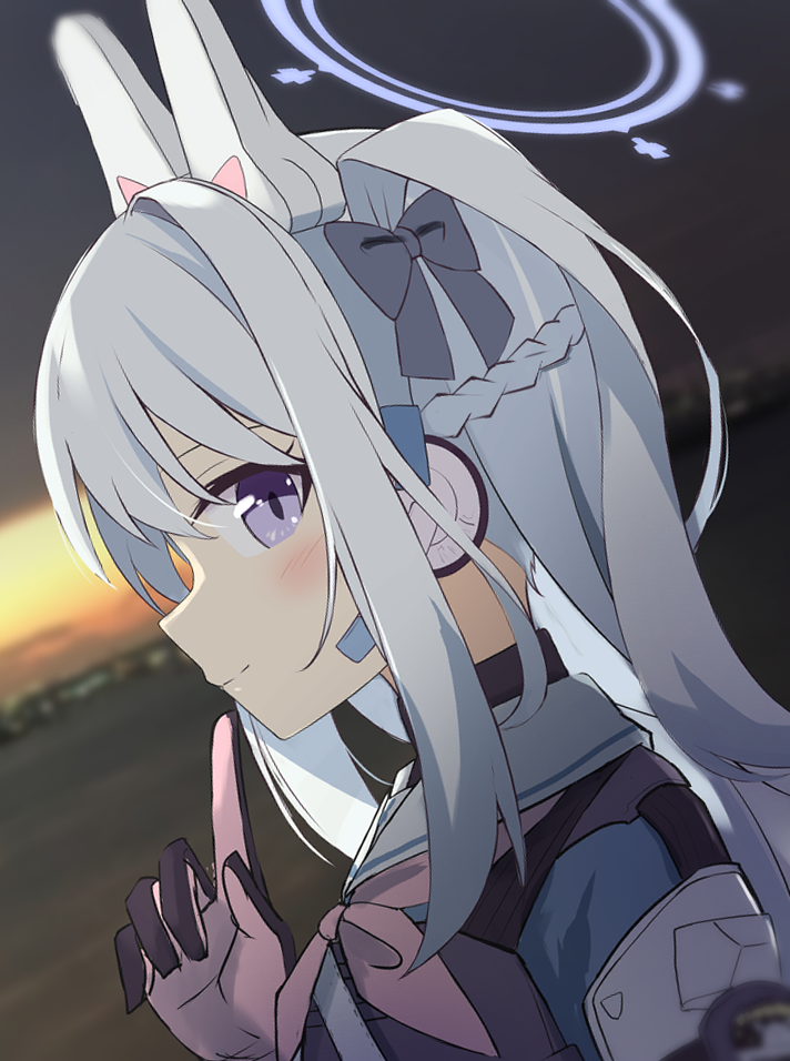 1girl akisome_hatsuka animal_ear_headphones animal_ears black_bow black_gloves blue_archive blurry blurry_background bow braid closed_mouth fake_animal_ears french_braid from_side gloves grey_eyes grey_hair hair_bow halo headphones miyako_(blue_archive) pink_gloves rabbit_ear_headphones smile solo two-tone_gloves upper_body