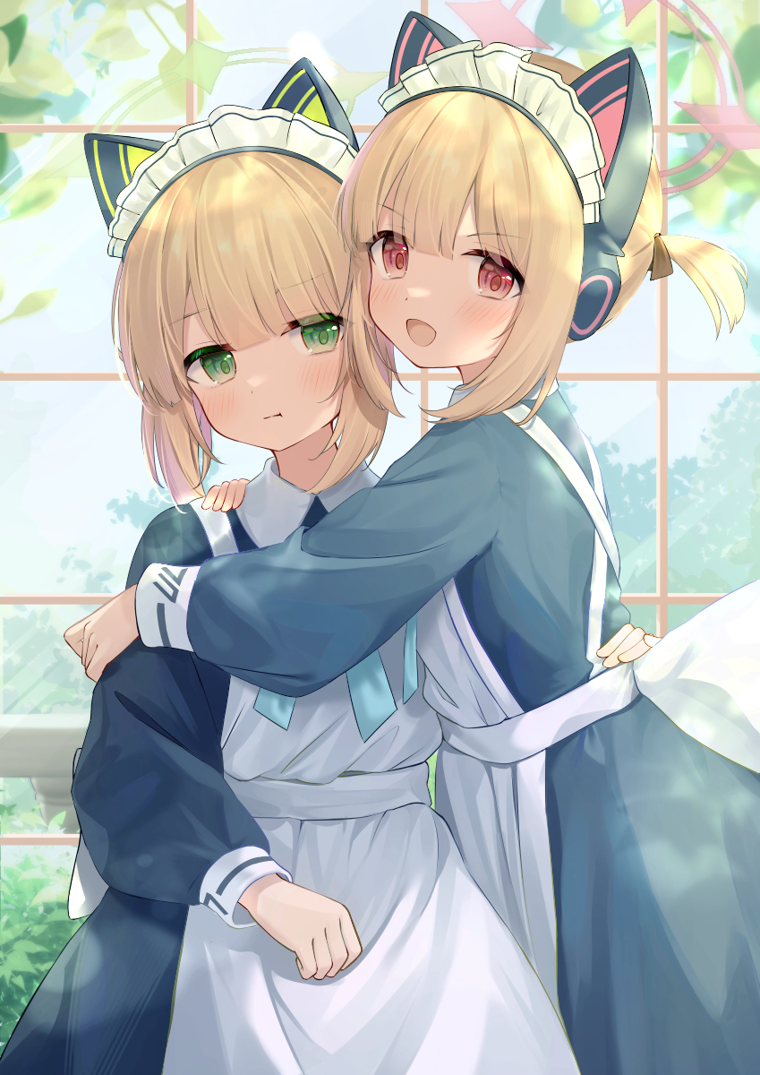 2girls alternate_costume animal_ear_headphones animal_ears apron aqua_ribbon black_dress blonde_hair blue_archive blue_bow blush bow cat_ear_headphones cat_tail commentary_request dress enmaided fake_animal_ears green_eyes hair_bow halo headphones highres looking_at_viewer maid maid_apron maid_headdress midori_(blue_archive) midori_(maid)_(blue_archive) mogumogumo_0 momoi_(blue_archive) momoi_(maid)_(blue_archive) multiple_girls neck_ribbon partial_commentary red_eyes ribbon short_hair short_twintails siblings sisters tail twins twintails