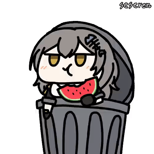 1girl animated_gif chewing seseren trash_can watermelon watermelon_slice