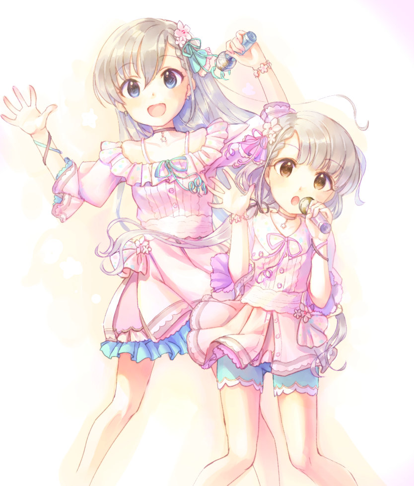 2girls arms_up blue_eyes blue_shorts blush bracelet braid braided_bangs brown_eyes choker dress earrings feet_out_of_frame floating_hair flower grey_hair hair_flower hair_ornament hisakawa_hayate hisakawa_nagi holding holding_microphone idolmaster idolmaster_cinderella_girls jewelry kawaseki long_hair low_twintails microphone miroir_(idolmaster) multiple_girls open_mouth pink_dress shorts siblings simple_background sisters smile twins twintails white_background