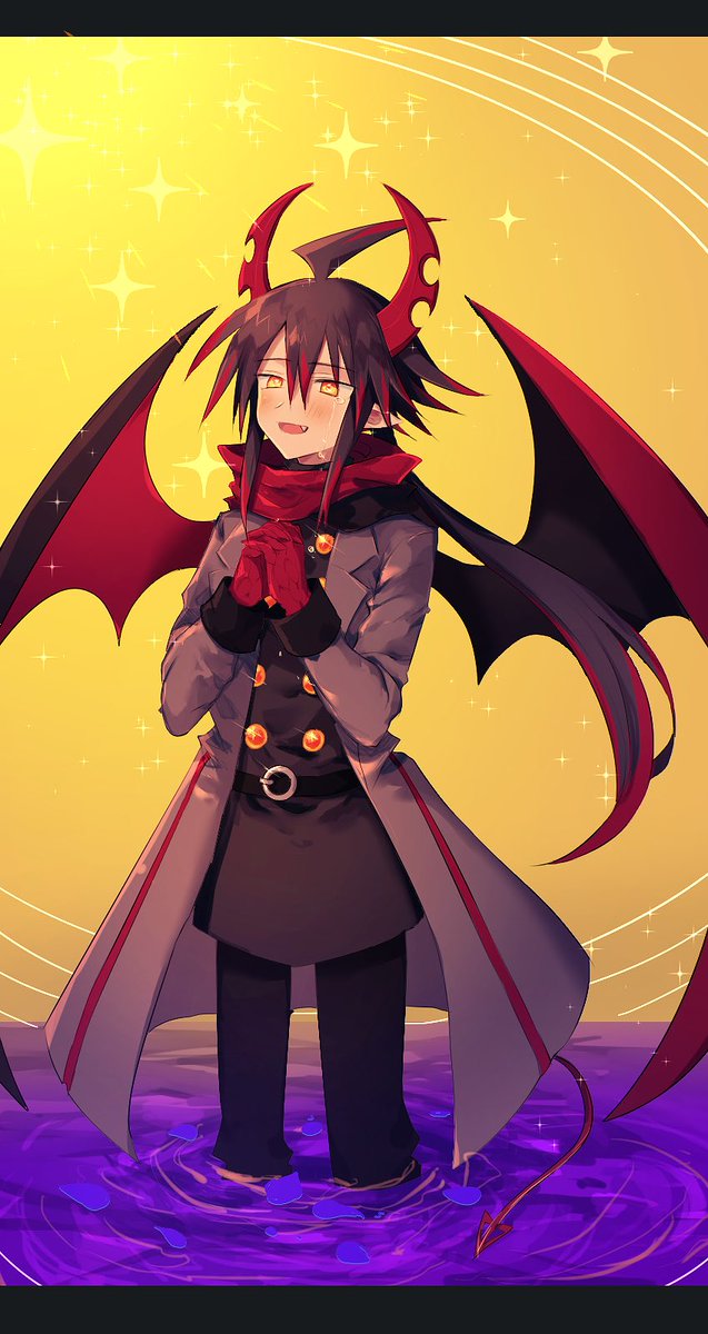 1boy belt black_belt black_hair black_pants black_shirt blush brown_coat coat demon_boy demon_tail demon_wings haiiro_teien highres ivlis long_hair low_ponytail male_focus multicolored_hair open_mouth own_hands_together pants pointy_ears purple_liquid red_scarf redhead scarf shirt solo tail wings yellow_background zenryoku_eimin