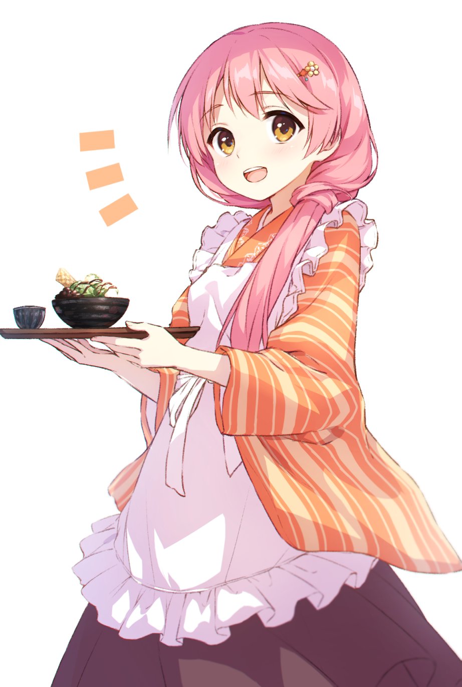 1girl :d apron blush breasts cofetaru commentary cowboy_shot double-parted_bangs food frilled_apron frills hair_between_eyes hair_ornament hair_over_shoulder hairclip hands_up happy highres holding holding_tray ice_cream japanese_clothes kimono kurama_koharu long_hair long_sleeves looking_at_viewer low_ponytail maid_apron notice_lines open_mouth orange_kimono pink_hair pinstripe_kimono senren_banka simple_background small_breasts smile solo standing teeth tray upper_teeth_only wa_maid waffle white_apron white_background wide_sleeves yellow_eyes