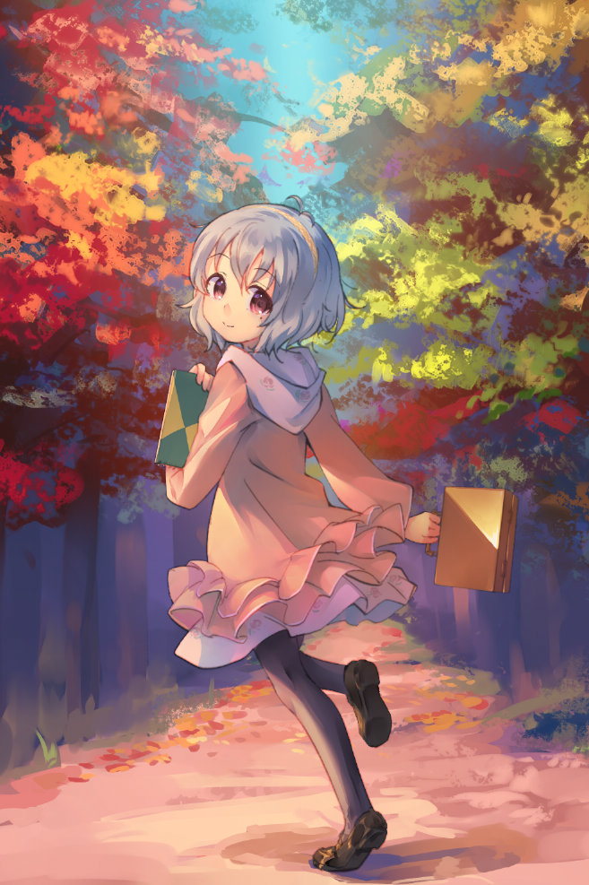 1girl antenna_hair autumn autumn_leaves black_footwear brown_eyes dress full_body grey_hair hairband holding holding_sketchbook hood hood_down idolmaster idolmaster_cinderella_girls kawaseki loafers long_sleeves looking_at_viewer looking_back mole mole_under_eye narumiya_yume outdoors pantyhose shoes short_hair sketchbook smile solo tree