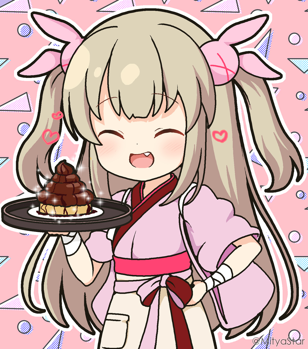 1girl :d ^_^ apron blush brown_apron closed_eyes commentary_request facing_viewer fang food_request hair_ornament heart holding holding_tray japanese_clothes kimono light_brown_hair long_hair mitya natori_sana pink_background pink_kimono plate rabbit_hair_ornament sana_channel short_sleeves smile solo tasuki tray twitter_username two_side_up very_long_hair virtual_youtuber waist_apron wide_sleeves