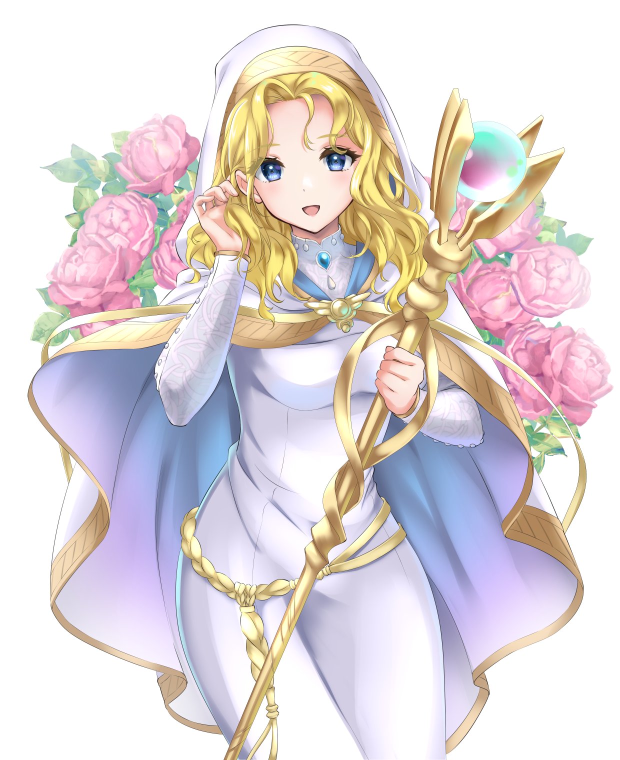 1girl adjusting_hair blonde_hair blue_eyes breasts chest_jewel fire_emblem fire_emblem:_the_sacred_stones flower habit highres holding holding_staff kakiko210 looking_at_viewer medium_breasts medium_hair natasha_(fire_emblem) open_mouth pink_flower robe smile solo staff white_background white_robe